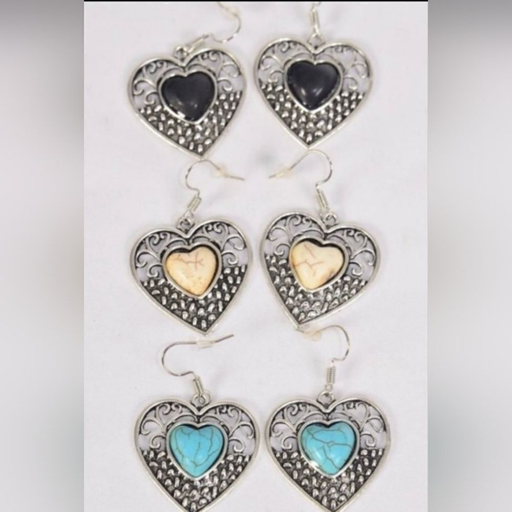 Filigree Silver Heart Semi-Precious Stone Earrings Ivory,  Black, or Turquoise